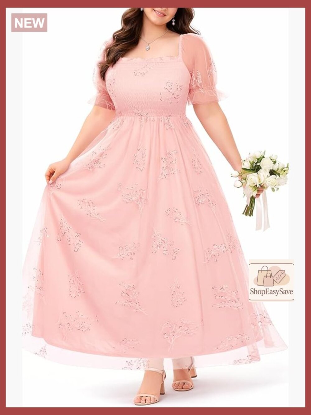 Floral Embroidery Tulle Maxi Dress Elegant Formal Prom Bridesmaid Square Neck